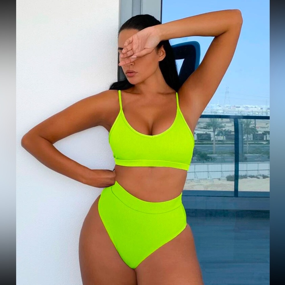 SHEIN Neon Green High Waisted Bikini Bra & Bottoms & Skirt 3 Piece Set Large